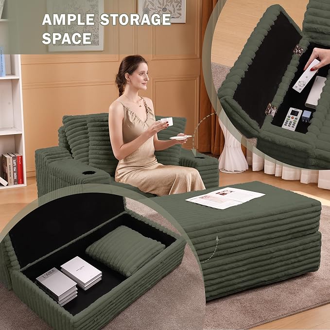 Garvee Oversized Chaise Lounge Chair Indoor with Storage Ottoman Upholstered Corduroy Sofa Bed Cloud Couch with 3 Pillows Single Sleeper Sofa Chair for Living Room Bedroom