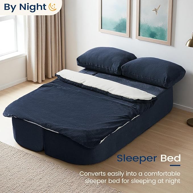 74.8 Inch Convertible Sleeper Sofa Bed Compressed Loveseat Sofa Folding Floor Mattress with Pillows and Blanket Small Couches for Living Room Bedroom Lounge No Assembly Required (Dark Blue)