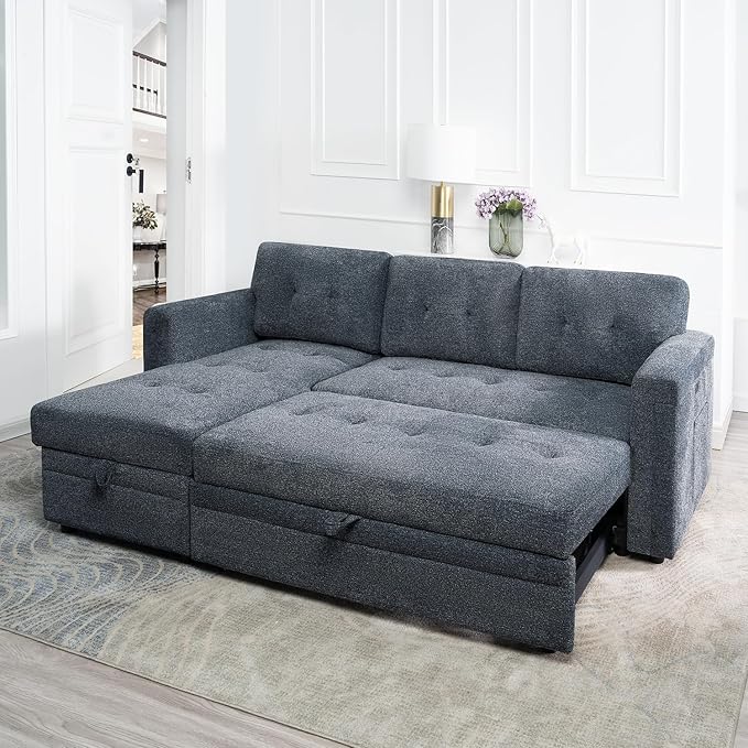 Naomi Home Lily Sectional Sleeper Sofa with USB Ports-M-Shaped Couch Convertible Pull-Out Bed Ample StorageTimeless DesignSturdy ConstructionLong-Lasting for Modern Living - Gray Microfiber
