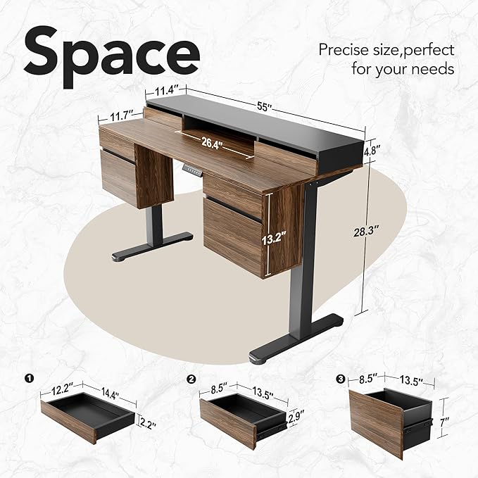HUANUO Electric Standing Desk with 6 Drawers 55 Inch Height Adjustable Stand Up Desk with Storage Computer Workstation Compatible with Monitor Stand for Home Office Black Walnut