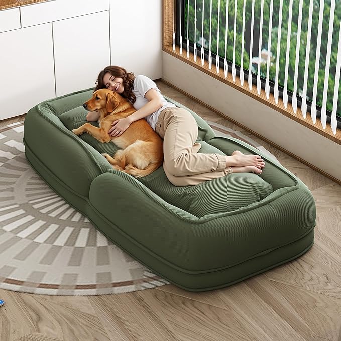 71 Upholstered Human Dog Bed for Adults &amp Pets 5 Adjustable Foldable Lazy Sofa Bed with 2 Soft Pillows for Bedroom Living Room Reading Corner Green