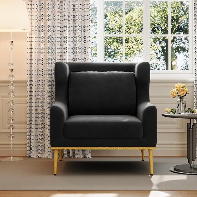 Christopher Knight Home Vincenzo Reading Single Sofa Upholstered Club Chair Velvet Accent Chair Single Lounge Curved Armchair Comfort Seating Armchair Sturdy Iron Legs for Living Room Black