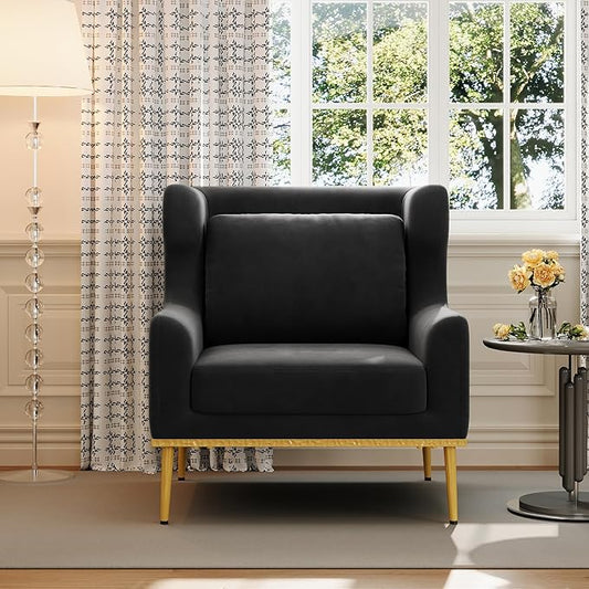 Christopher Knight Home Vincenzo Reading Single Sofa Upholstered Club Chair Velvet Accent Chair Single Lounge Curved Armchair Comfort Seating Armchair Sturdy Iron Legs for Living Room Black
