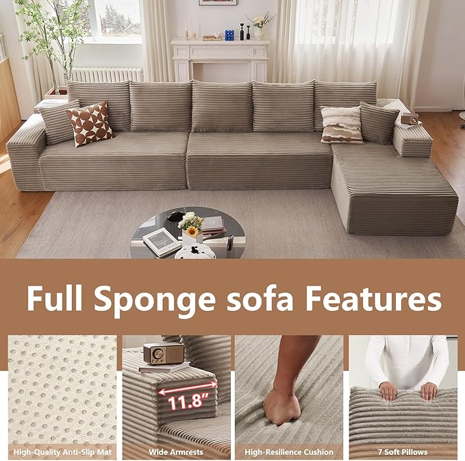 Cloud Modular Sectional Sofa for Living Room167x69.7 Oversized L-Shaped Couch with 7 PillowsBig Comfy Couches SetFluffy Deep-Seat Corduroy Sofa with ChaiseNo Assembly (CamelRight-Facing Chaise)