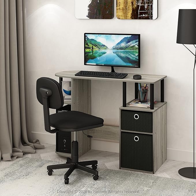 Furinno JAYA Desk 38.4 Wide Gaming Desk with Bin Drawers Computer Desk with Side Shelf Office Desk for Study Home Office Bedroom Dorm Study Room French Oak
