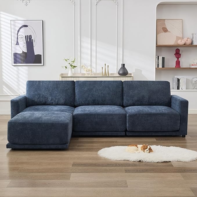110.6 L Shaped Modular Sectional Sofa Modern Chenille Comfy Couch with Thickened Seat Cushions Easy Assembly Upholstered 4 Seater Couch with Movable Ottoman for Living Room Blue