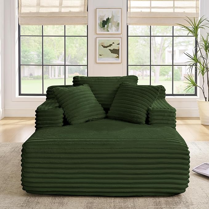 KEIKI 51 Oversized Corduroy Compressed Chaise Lounge with High-density Sponge Upholstered Modern Style 1-Seater Fluffy Cloud Couch Bed No Assembly Needed for Apartment Living Room Bedroom Green