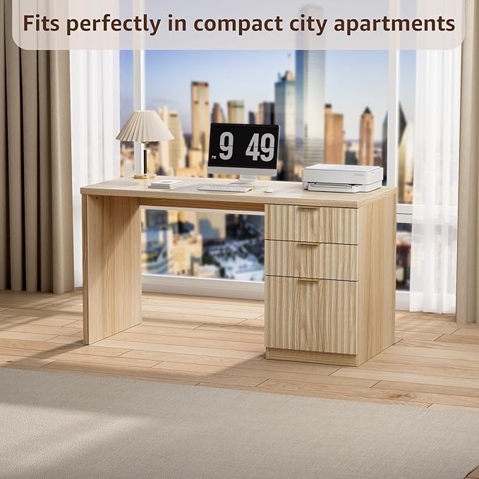 Fluted Desk with File Drawers - 47 Inch Modern Executive Desk Wood Desks with Cabinet Drawers for Home Office Boho Wooden Computer Desks with Storage for Writing Study Bedroom Light Natural Oak