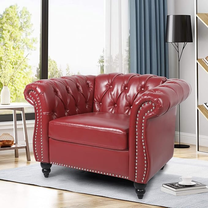 RARZOE PU Chesterfield Chairs Chesterfield Faux Leather Club Chair Chesterfield Button Tufted Leather Accent Chair with Nailhead Trim Scrolled Arms for Living Room Bedroom Office Burgundy
