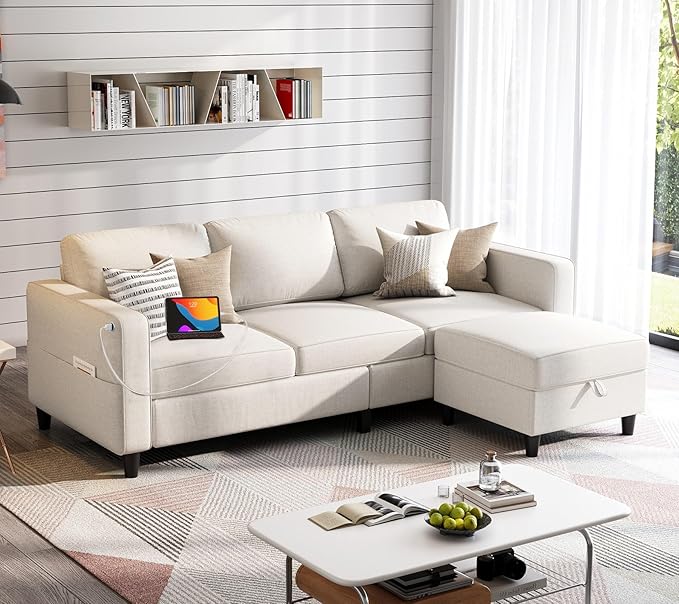 Sectional Sofas Couches for Living Room 78 L-Shaped Couch - Modern Linen Beige Sofa with Storage Ottoman USB for Apartments Studios &amp Home Offices Small Space