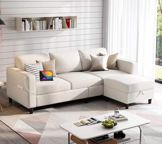 Sectional Sofas Couches for Living Room 78 L-Shaped Couch - Modern Linen Beige Sofa with Storage Ottoman USB for Apartments Studios &amp Home Offices Small Space