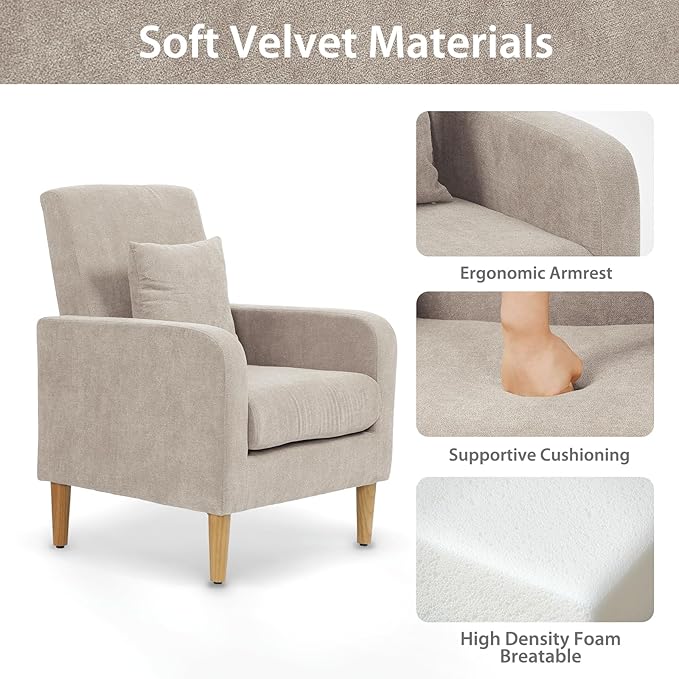 Upholstered Sofa Chair with Pillow Fabric Accent Armchair with Wooden Legs Comfy Lounge Chair for Living Room Bedroom or Office Supports up to 300 lbs (Beige)