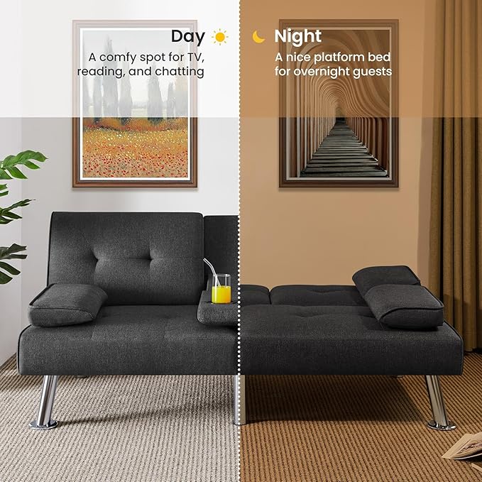 Yaheetech Convertible Sofa Bed Adjustable Fabric Couch Sleeper Modern Recliner Reversible Loveseat Folding Daybed Guest Bed Removable Armrests Cup Holders 3 Angles 772lb Capacity Dark Gray