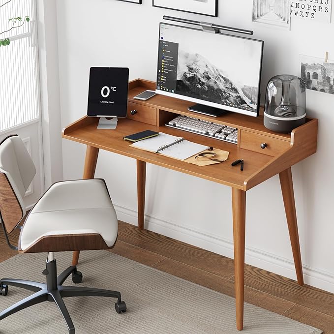 Mid Century Modern Desk 41 Wood Home Office Writing Computer or Laptop Desk with Monitor Stand Riser and Open Storage Cubby Vanity Desk with 2 Drawers