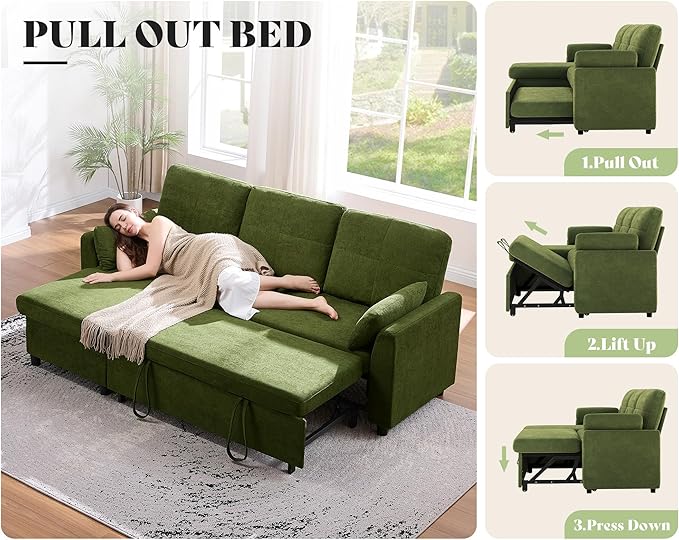 AMEILIFE Sofa Bed Sleeper Sofa with Storage Chaise Convertible Sofa Bed with Pull Out Couch l Shaped Couch for Living Room-Green Linen