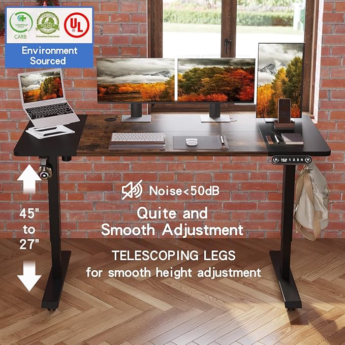 Height Adjustable Electric Standing Desk 55X24 Height Stand Up Computer DeskSit and Stand Home Office Desk with Splice Board (Black+Brown Top Black Frame)