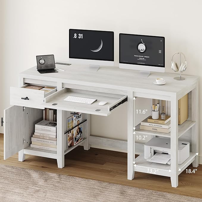 58 Executive Desk with Foldable Keyboard Tray and Charging Station Farmhouse Wood Home Office Desk with Drawers and Magazine Rack Large Writing Computer Desk for Home Office and Study White