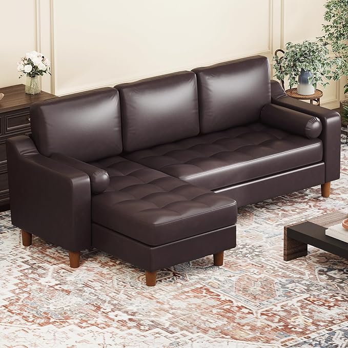 GarveeHome 88.9 L-Shape Sofa with Convertible Chaise Sectional Leather Sofa with Deep Seat Modern Mid-Century Sofa for Living Room Comfy Leather Couch Brown