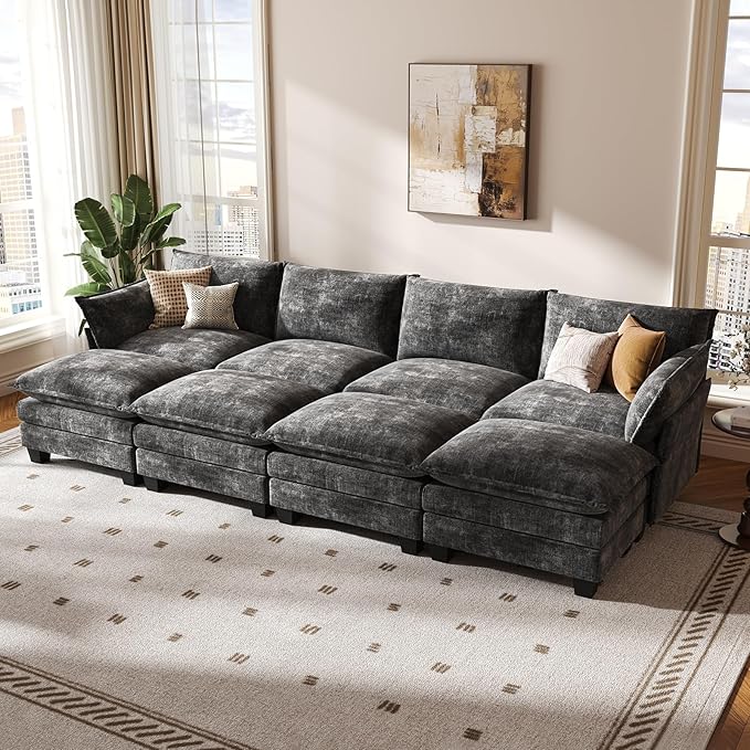 KKL 120 Huge Modular Sectional Sofa Bed 8 Seater Convertible J/L/U-Shaped Sleeper Cloud Couch with Ottoman Chenille Sectional Couches for Living Room Apartment Grey