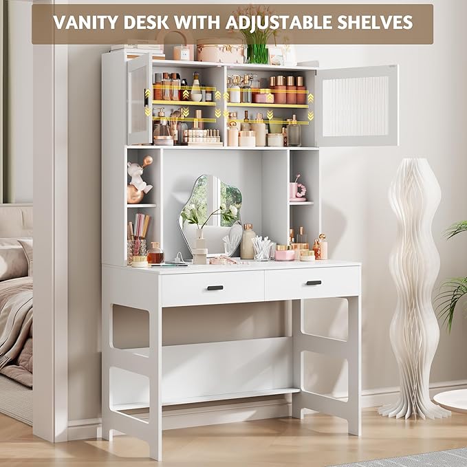 Vlsrka Home Office Desk with Hutch and Drawers 40 Computer Desk with Storage Shelves and LED Lights Modern Wooden Writing Study Table with Charging Station for Bedroom White