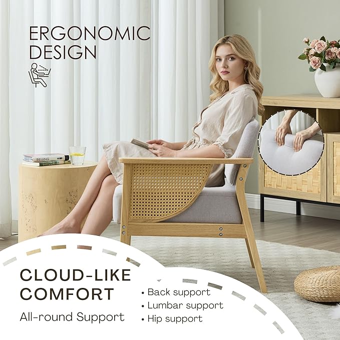 Mid-Century Accent Chair Set of 2 Modern Rattan Armchair Linen Lounge Chair with Wood Legs Upholstered Leisure Chair for Living Room Bedroom Reception Room Grey