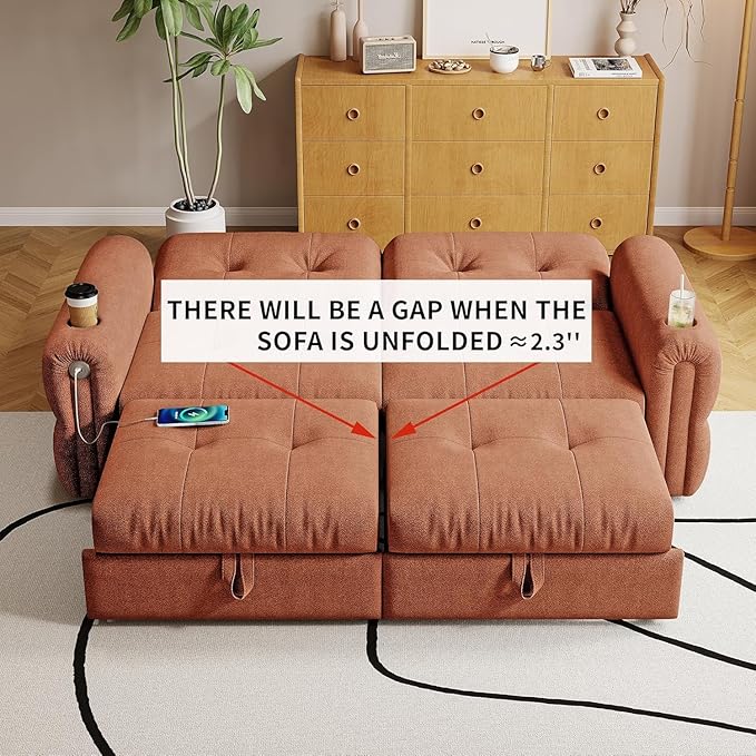 77 Pull Out Sofa Bed Velvet Convertible Sleeper Couch Loveseat Chaise Lounge with Cup Holder and USB Pullout Futon Sofa Bed for Living Room Bedroom Small Spaces RV (Orange-)
