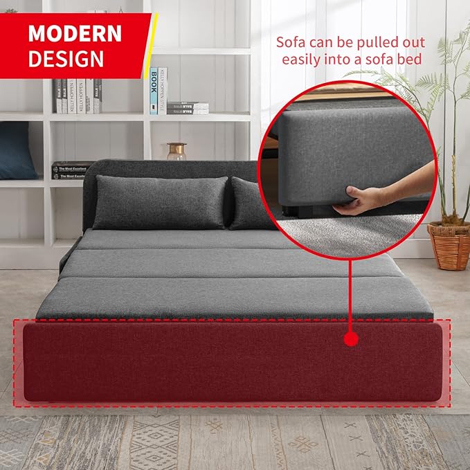 PUREMIND Queen Size Pull Out Sofa Bed Linen Convertible Sleeper Sofa with Foldable Mattress Loveseat Pullout Couch Bed with 2 Cushion for Small Place Apartment Office - Dark Gray