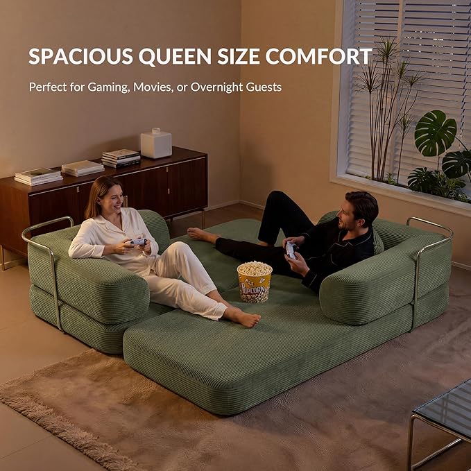 5-in-1 Convertible Sofa Bed Boneless Floor Couch Queen Size with Magic Pillow Blankets Zero-Assembly Sleeper Futon for Apartments Renters &amp Micro-Living Spaces Green