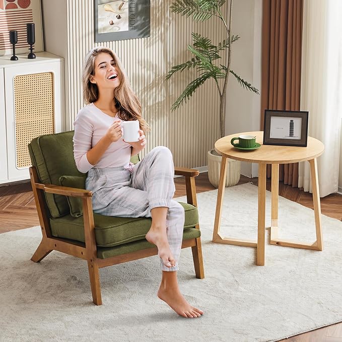 Karl home Accent Chair Wide Armrest Mid-Century Lounge Chair Linen Fabric Armchair with Lumbar Pillow &amp Solid Wood Frame for Living Room Bedroom Balcony Green