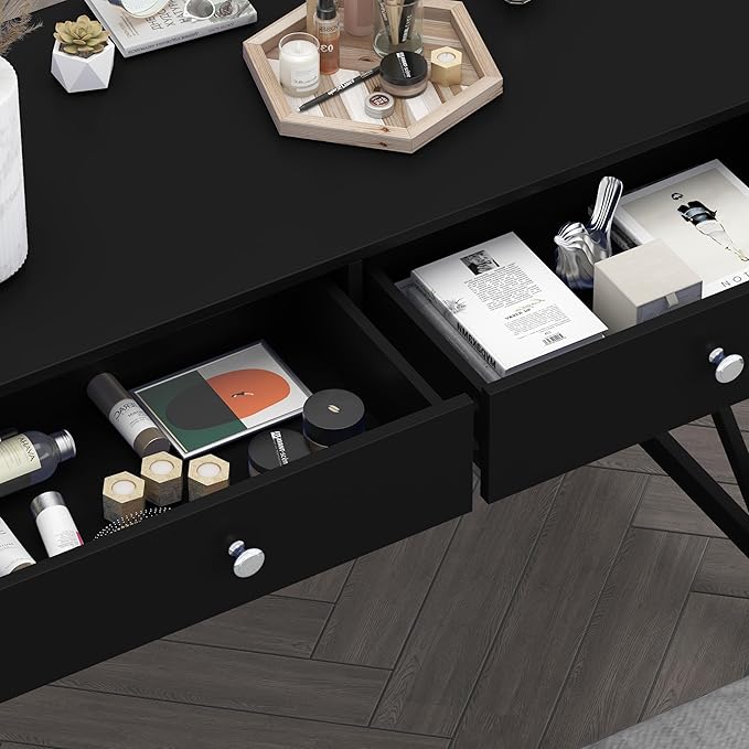WiberWi Home Office Desk with Drawers Black Modern Writing Computer Desk Small Makeup Vanity Table for Bedroom Study Table for Home Office