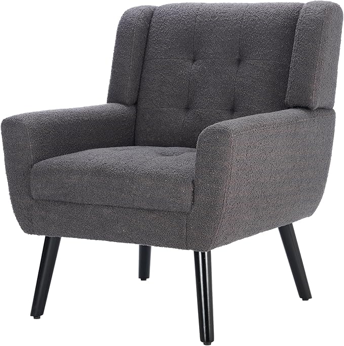 Modern Soft Teddy Material Ergonomics Accent Chair Living Room Chair Bedroom Chair Home Chair with Black Legs for Indoor Home Grey Teddy Fabric