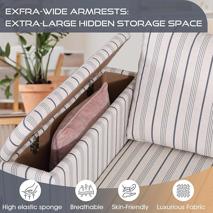 97 5 Seater L Shaped Couch Corner Sofa Oversized Cloud Couch with 2 Pillows Modular Sectional Sofa Armrests with Two Hidden Storage Space Sectional Couches for Living Room Blue Stripe