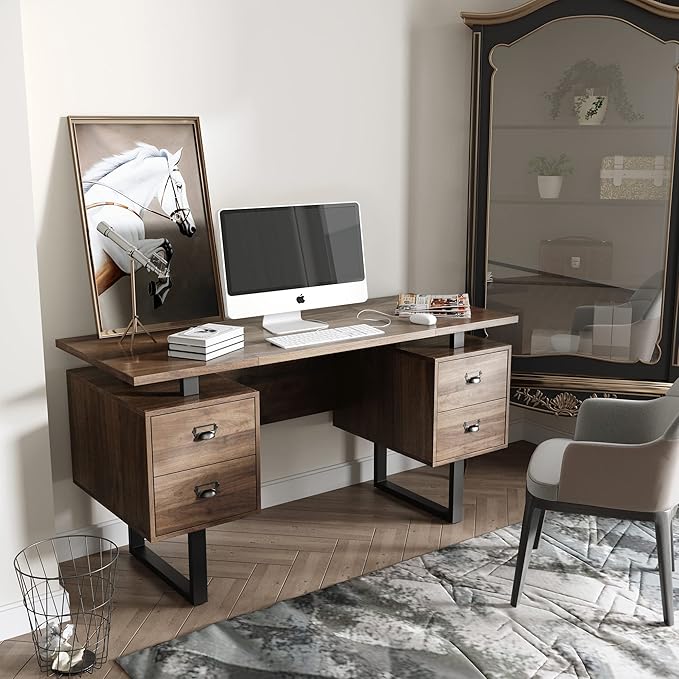 Computer Desk with 4 Drawers for Files Organization 59 Large Home Office Desk with Storage Shelves Industrial Study Writing Table Workstation for Home Office Study Room Dedroom Walnut