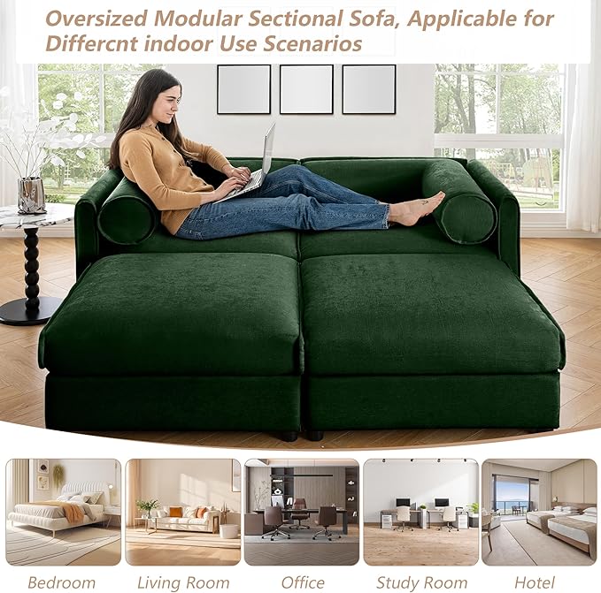 Oversized Modular Sectional Sofa 75.5 Chenille Loveseat with Cylindrical Backrest &amp Armrest Modern Comfy 2-Seat Sofa with 2 Ottoman Upholstered Deep Seat Couch for Living Room White