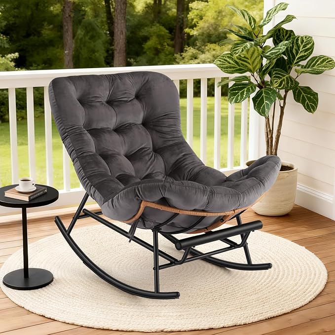 GarveeHome Indoor Papasan Rocking Chair Rattan Rocker with Extendable Footrest &amp Detachable Flannel Cushion 352lbs Sturdy Large Reading Lounge for Indoor Bedroom Living Room Dark Grey