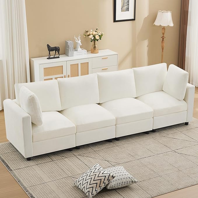 116'' 4-Seater Modular Sectional Cloud Sofa Straight-Line Couches for Living Room Modern Upholstered Deep Seat Sofa Chenille Beige