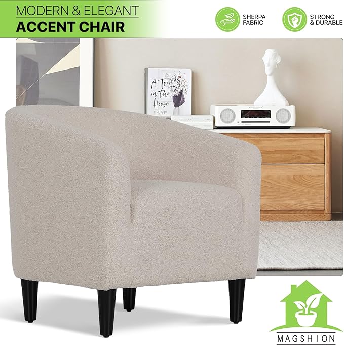 Magshion Barrel Chair Modern Sherpa Armchair Boucle Fabric Accent Chair with Cozy Soft Padded Single Sofa Chair for Living Room Bedroom Office Waiting Room 300lbs Capacity Light Gray