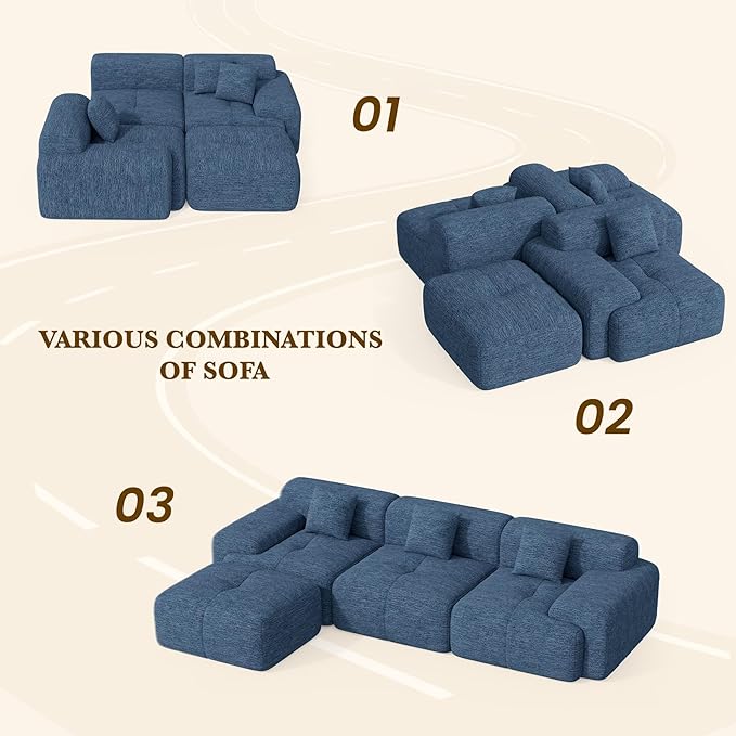 122 L Shaped Convertible Modular Couch Cloud Couch Sectional with Ottoman 4-Seater Chenille Boneless Couches for Living Room Apartment No Assembly Blue 1PCS
