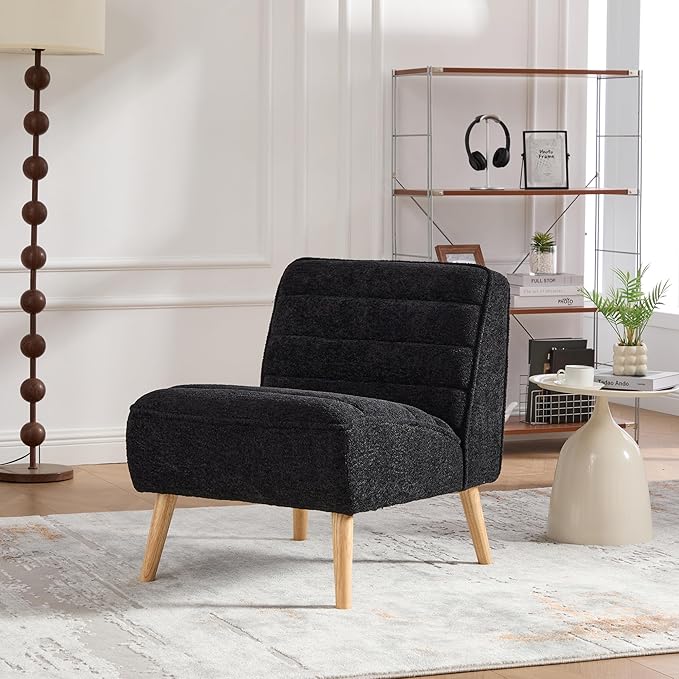 GDFStudio 24.4 Wide Modern Accent Chair Armless Upholstered Lounge Chair with Chenille Fabric &amp Rubber Wood Legs Compact Space-Saving Design for Living Room Bedroom Office - Black