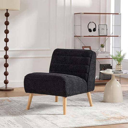GDFStudio 24.4 Wide Modern Accent Chair Armless Upholstered Lounge Chair with Chenille Fabric &amp Rubber Wood Legs Compact Space-Saving Design for Living Room Bedroom Office - Black