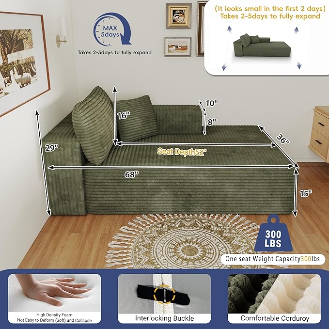 68 Cloud Sectional Sofa Chaise Lounge Chair Plush Corduroy Fabric No Assembly Required Deep Seat for Living Room Bedroom Movie Theater Right Facing Green