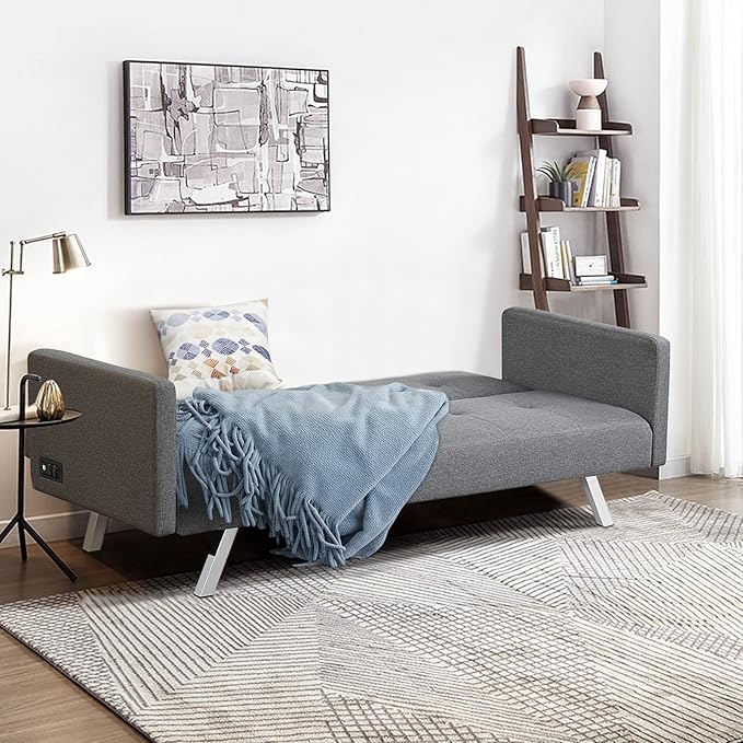 Giantex Convertible Futon Sofa Modern 3 Seat Sofa Bed with USB and Power Strip Folding Loveseat Linen Fabric Lounge Couch for Apartment Dorm Easy Assembly (Grey)