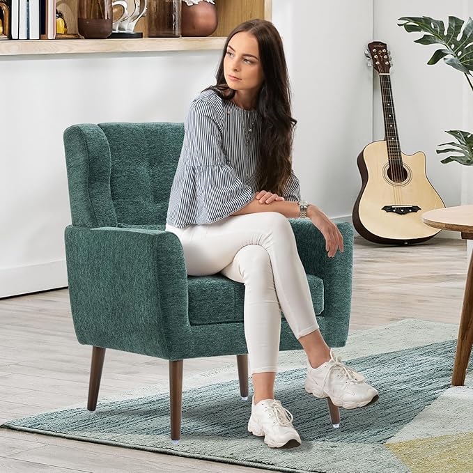 Modern Accent Chair Upholstered Armchair with Pillow Fabric Single Sofa Chair with Lounge Seat and Wood Legs Accent Chair for Living Room Bedroom Small Spaces (Blackish Green)