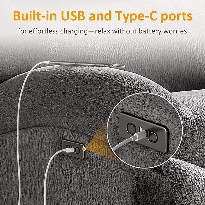 VANOMi Power Recliner Chair with USB &amp Type-C Charging 270° Swivel Glider Rocker Electric Nursery Recliner for Living Room Bedroom Office Dark Gray