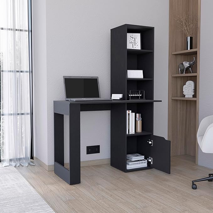 Iowa Computer Desk Home Office Setup with Bookshelf Black