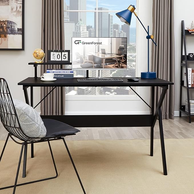 GreenForest Home Office Desk with Monitor Shelf Computer Gaming Desk 47 inch Writing Study Table for Workstation Black