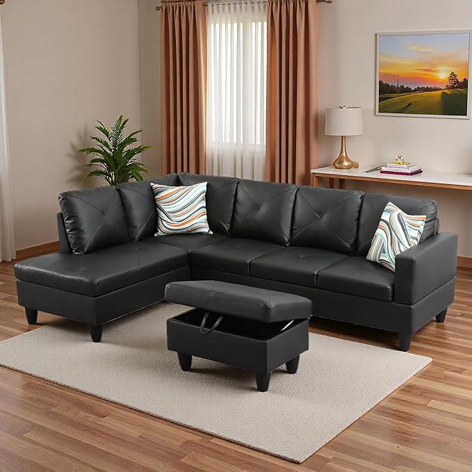L-Shaped Sectional Sofa with Movable Chaise &amp Storage Ottoman Leather 3-Piece Modular Convertible Couches for Living Room Apartment &amp Office Black
