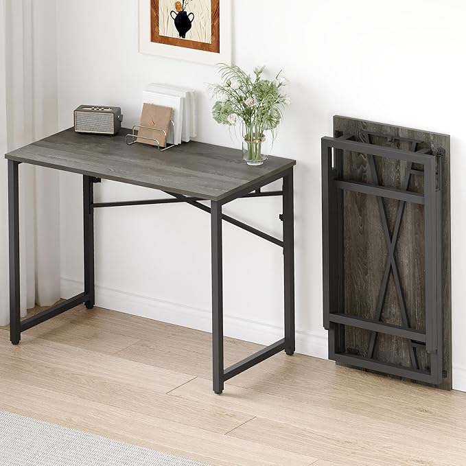EMODA 40 inch Folding Desk No Assembly Required Home Office Desk Study Writing Gaming Computer Table Black Oak