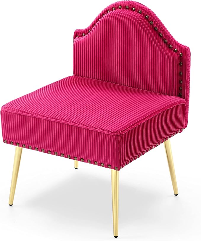 Modern Upholstered Pleated Velvet Accent Chair Tufted Dining Office Chairs Armless Slipper Chair Mid Century Side Chair Single Luxury Sofa Chair with Golden Legs for Living Room Small SpaceFuchsia
