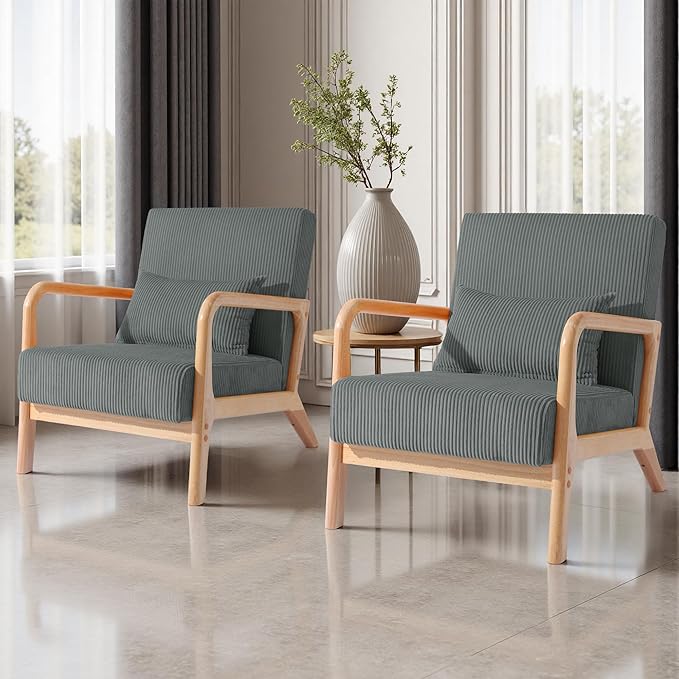 UIXE Accent Chairs Set of 2 Corduroy Upholstered Armchair for Living Room Modern Arm Chair Comfy Single Sofa Bedroom Reading Seat with Lumbar Pillow - Gray